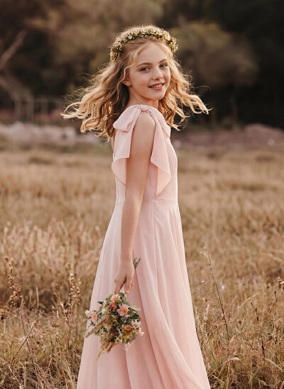 A-Line One-Shoulder Sleeveless Chiffon Junior Bridesmaid Dresses With Bow(s)