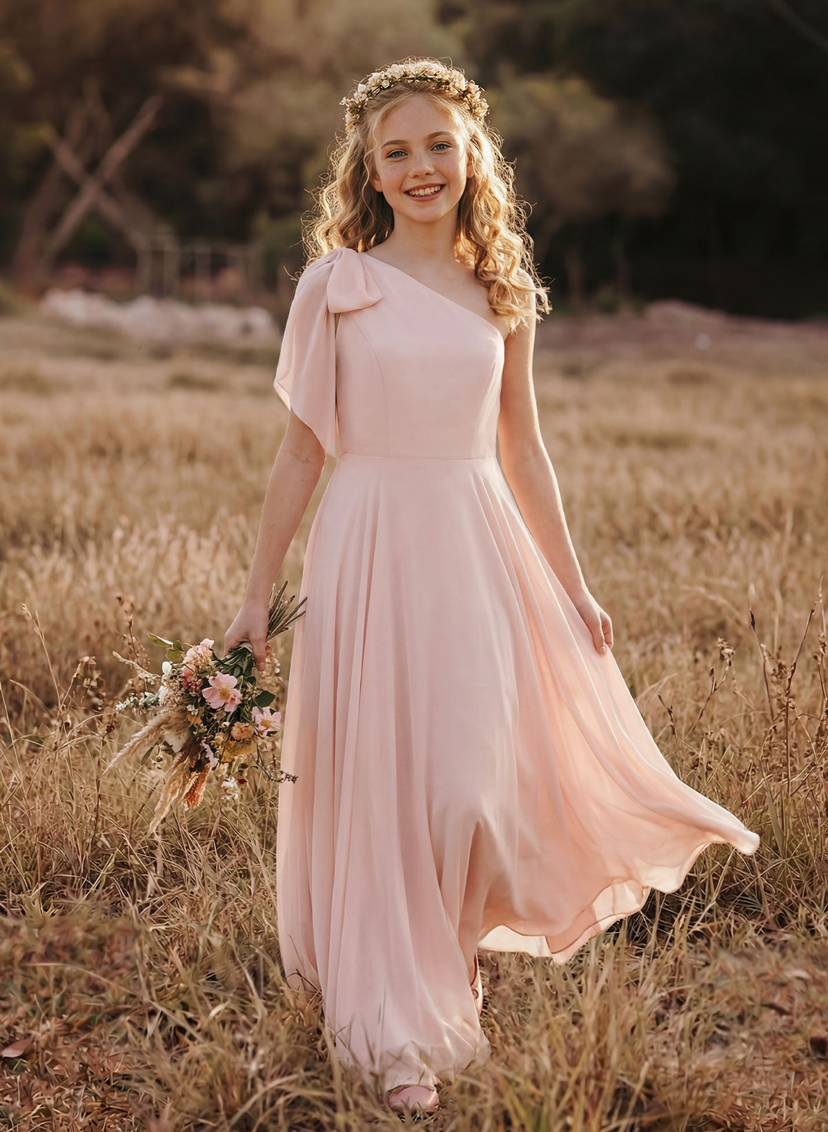 A-Line One-Shoulder Sleeveless Chiffon Junior Bridesmaid Dresses With Bow(s)