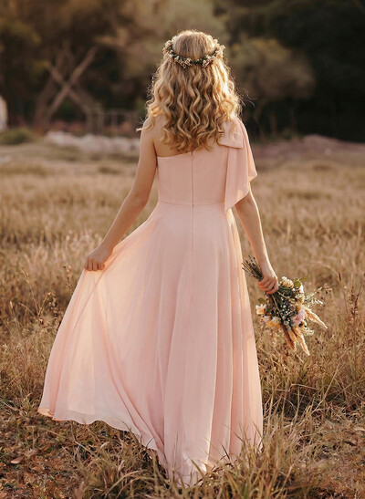 A-Line One-Shoulder Sleeveless Chiffon Junior Bridesmaid Dresses With Bow(s)
