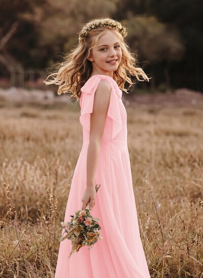 A-Line One-Shoulder Sleeveless Chiffon Junior Bridesmaid Dresses With Bow(s)