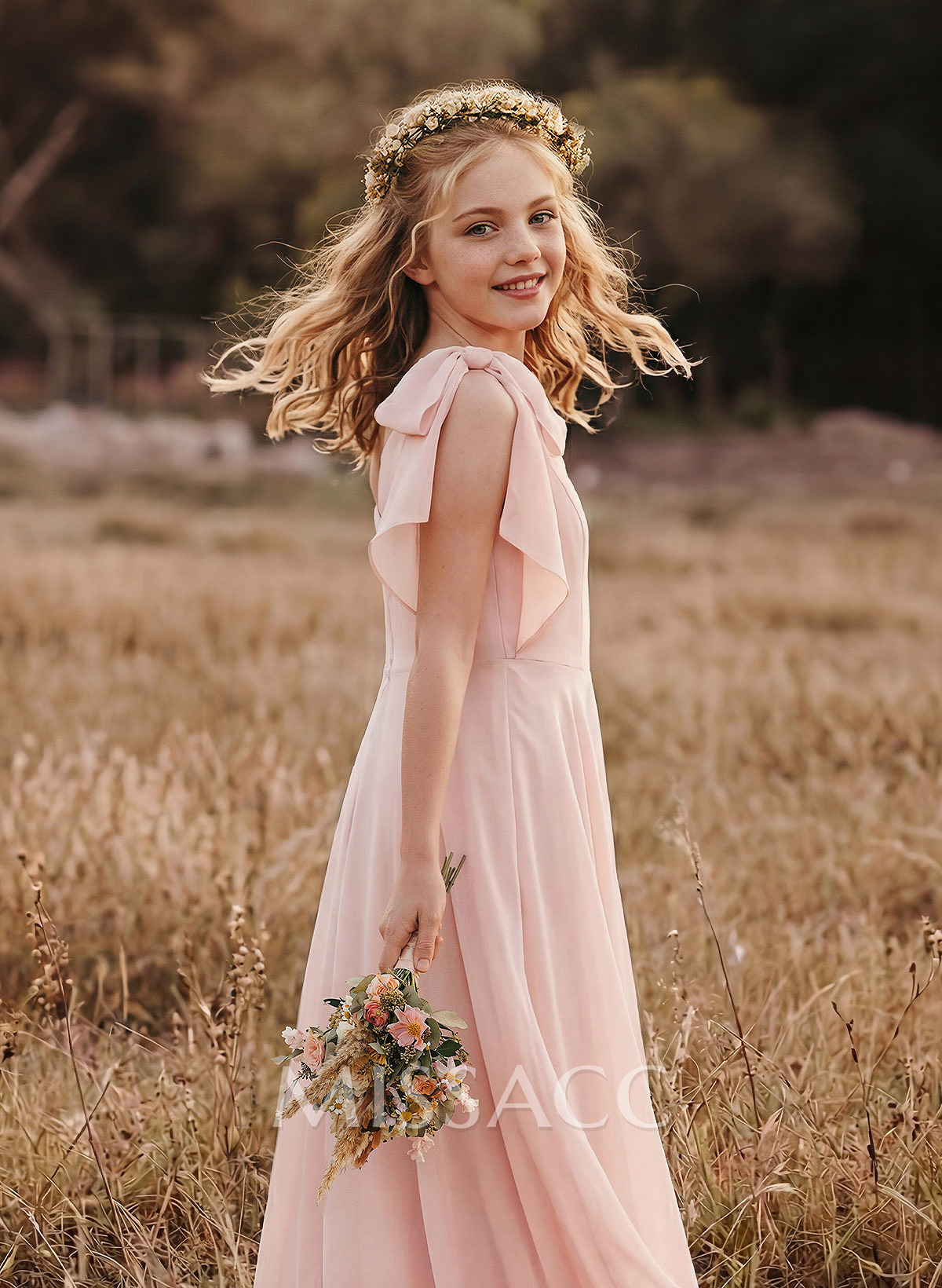 A-Line One-Shoulder Sleeveless Chiffon Junior Bridesmaid Dresses With Bow(s)