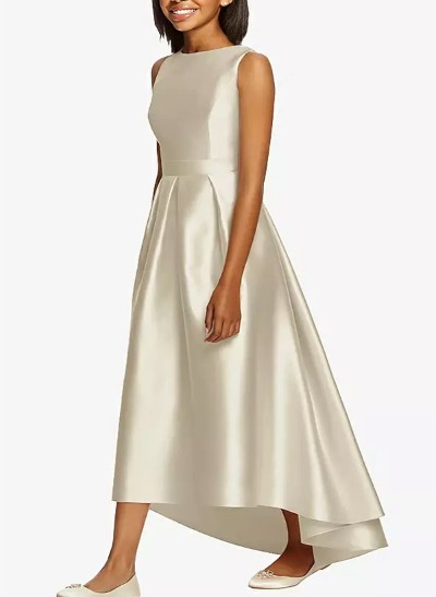 A-Line Scoop Neck Asymmetrical Satin Junior Bridesmaid Dresses With Back Hole