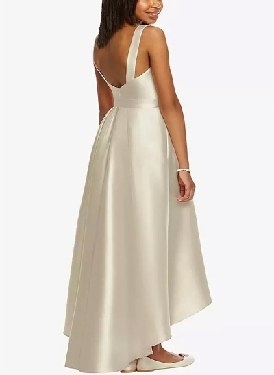 A-Line Scoop Neck Asymmetrical Satin Junior Bridesmaid Dresses With Back Hole