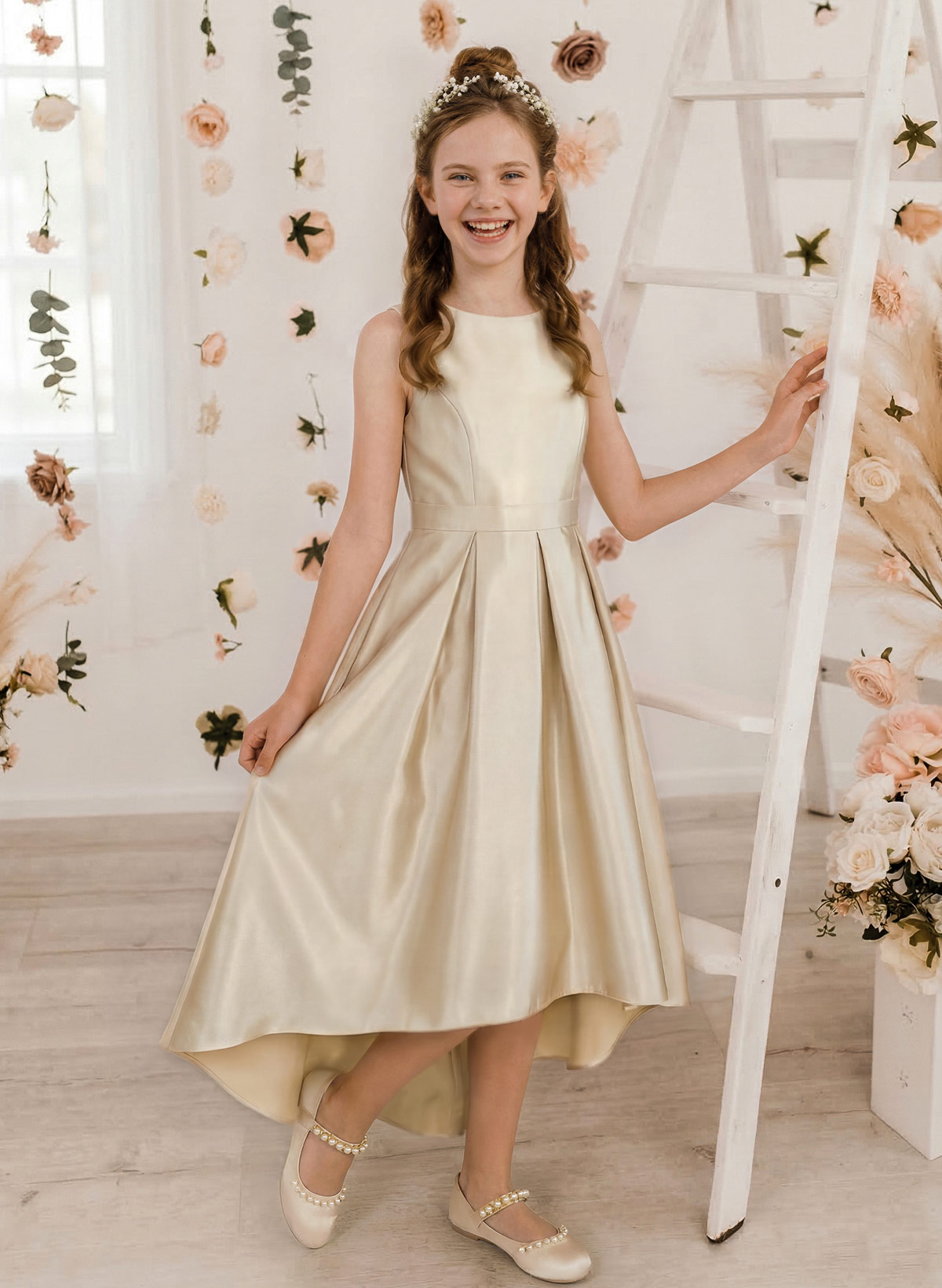 A-Line Scoop Neck Asymmetrical Satin Junior Bridesmaid Dresses With Back Hole