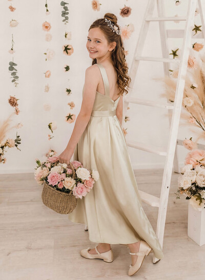A-Line Scoop Neck Asymmetrical Satin Junior Bridesmaid Dresses With Back Hole