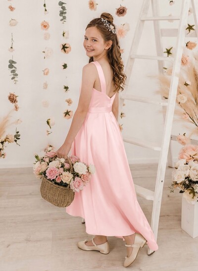 A-Line Scoop Neck Asymmetrical Satin Junior Bridesmaid Dresses With Back Hole