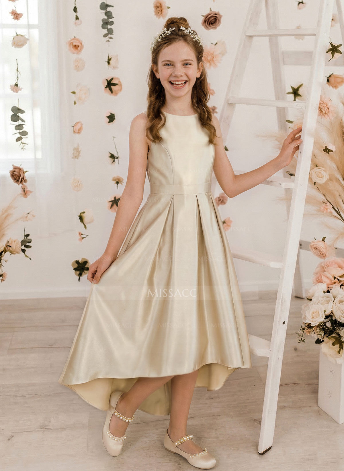 A-Line Scoop Neck Asymmetrical Satin Junior Bridesmaid Dresses With Back Hole