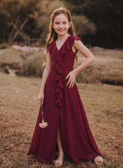 A-Line V-Neck Chiffon Junior Bridesmaid Dresses With Cascading Ruffles