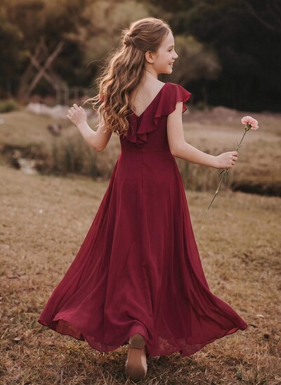 A-Line V-Neck Chiffon Junior Bridesmaid Dresses With Cascading Ruffles