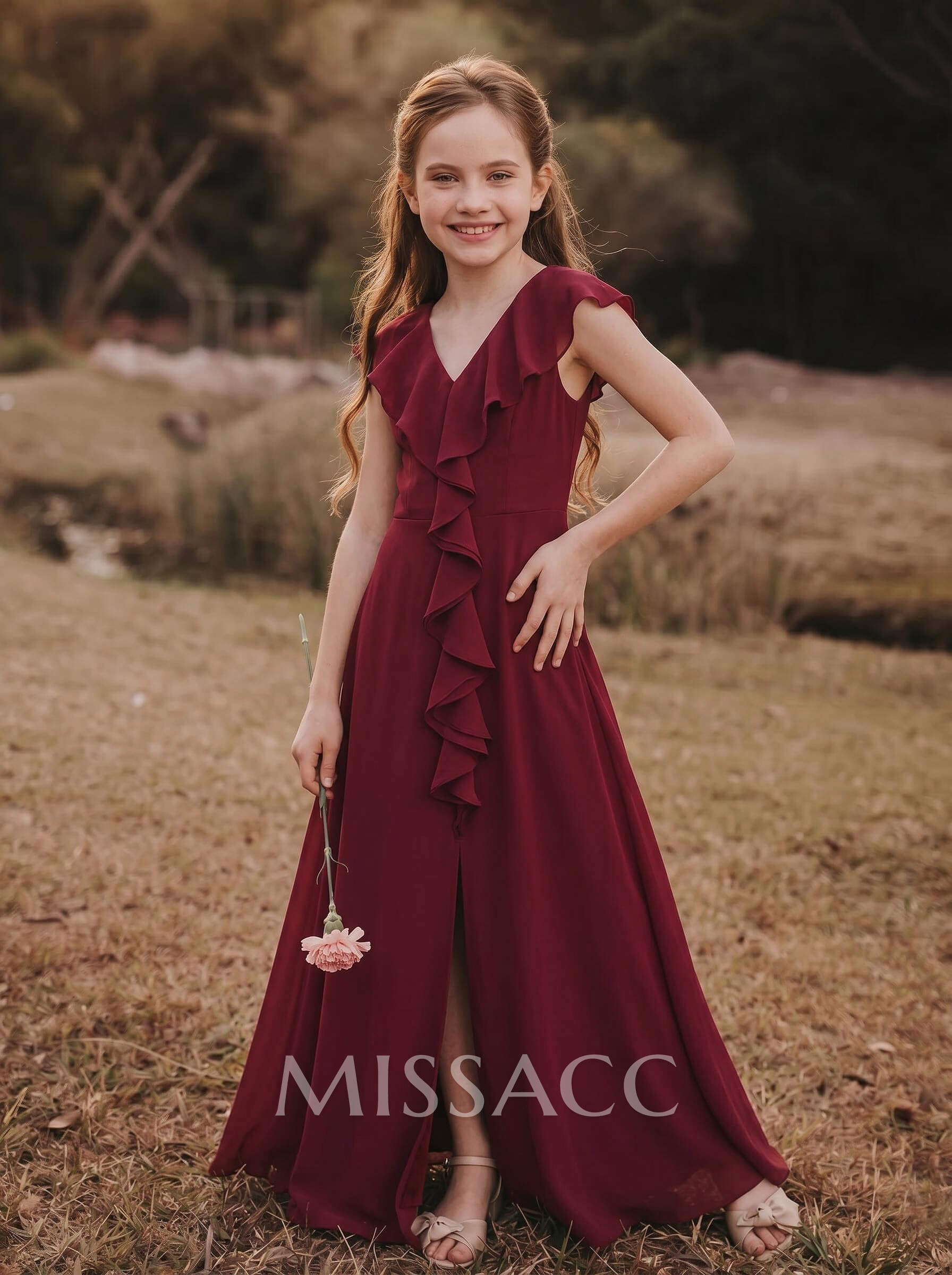 A-Line V-Neck Chiffon Junior Bridesmaid Dresses With Cascading Ruffles A-Line V-Neck Chiffon Junior Bridesmaid Dresses With Cascading Ruffles