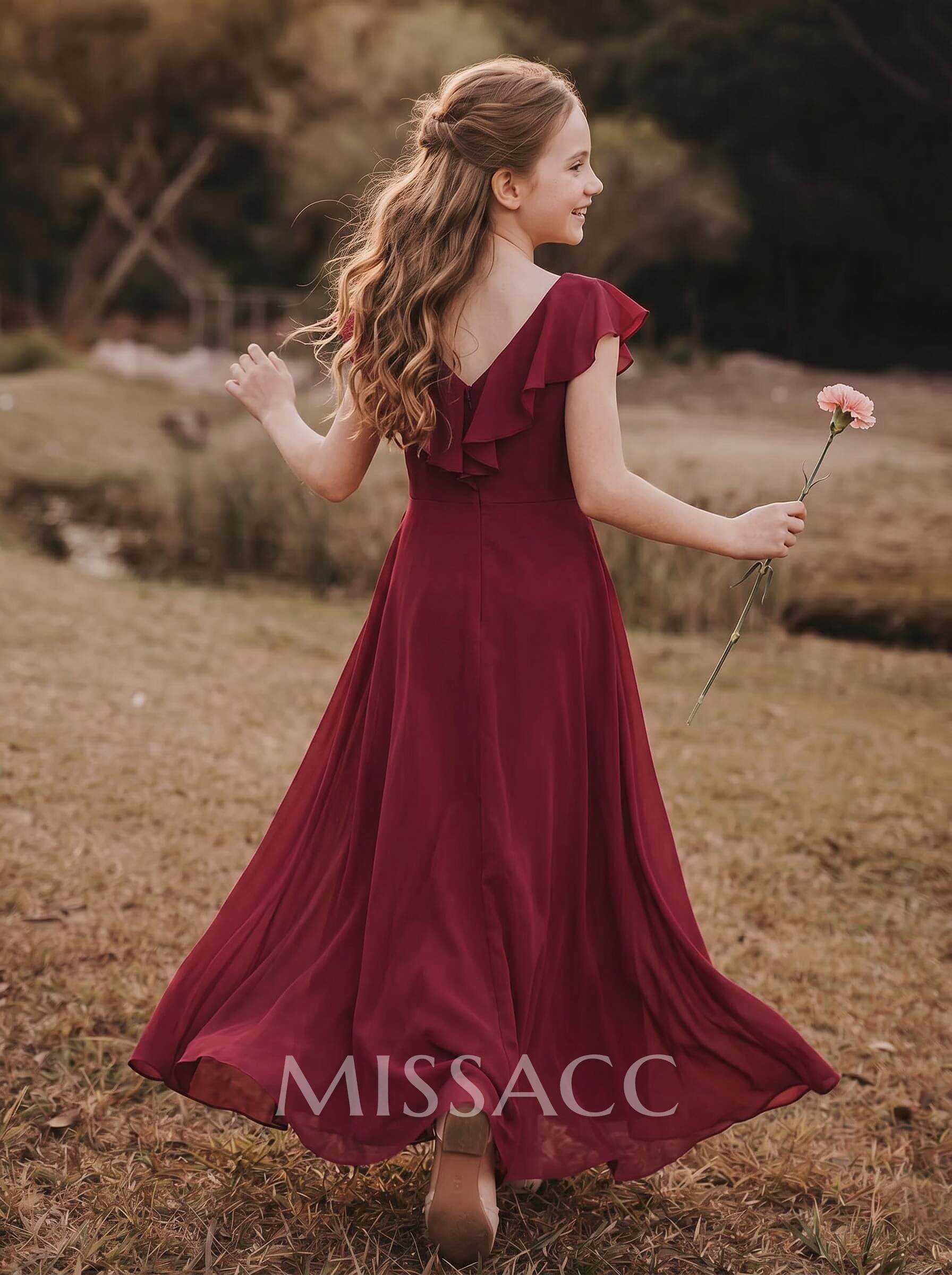 A-Line V-Neck Chiffon Junior Bridesmaid Dresses With Cascading Ruffles A-Line V-Neck Chiffon Junior Bridesmaid Dresses With Cascading Ruffles