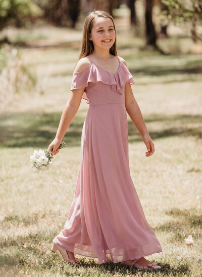 A-Line V-Neck Sleeveless Chiffon Junior Bridesmaid Dresses With Ruffle