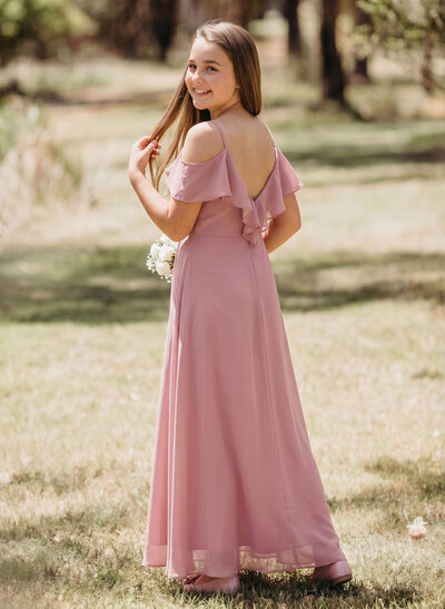 A-Line V-Neck Sleeveless Chiffon Junior Bridesmaid Dresses With Ruffle