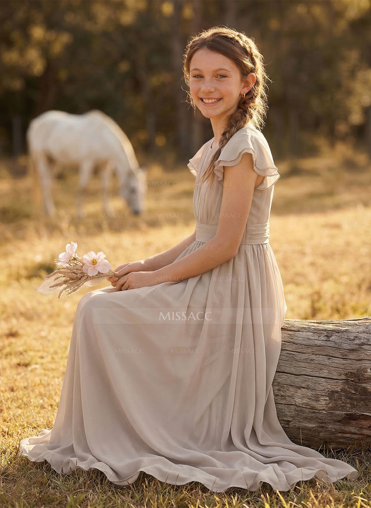 A-Line Scoop Neck Short Sleeves Chiffon Junior Bridesmaid Dresses With Bow(s)