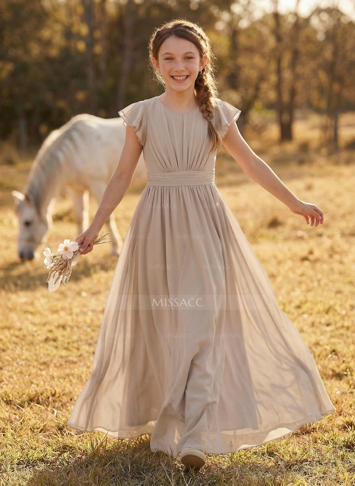 A-Line Scoop Neck Short Sleeves Chiffon Junior Bridesmaid Dresses With Bow(s)