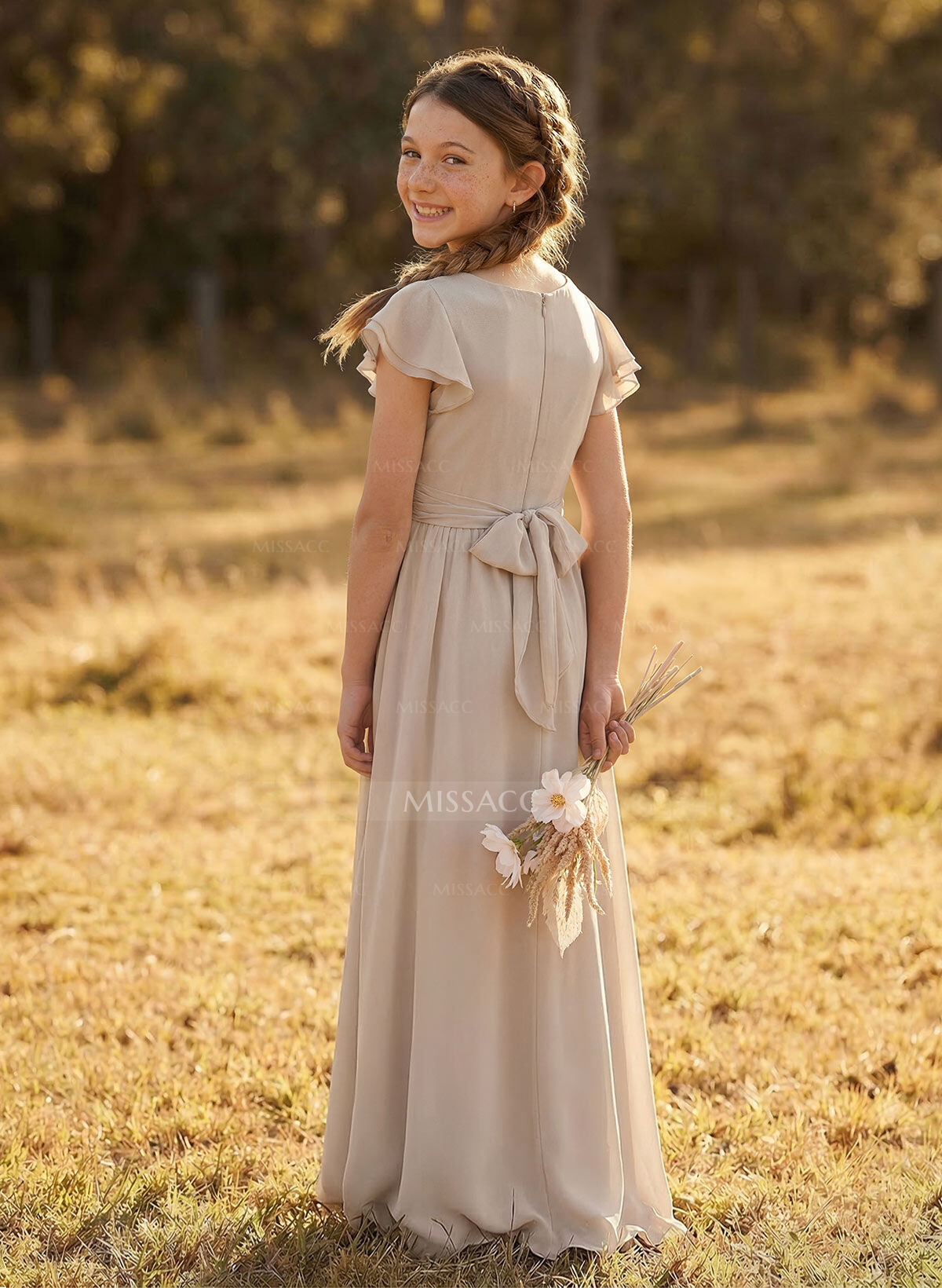 A-Line Scoop Neck Short Sleeves Chiffon Junior Bridesmaid Dresses With Bow(s)