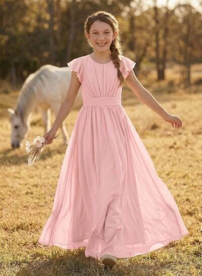 A-Line Scoop Neck Short Sleeves Chiffon Junior Bridesmaid Dresses With Bow(s)