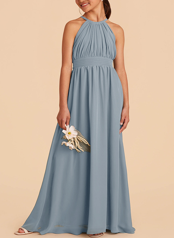 A-Line Halter Sleeveless Chiffon Junior Bridesmaid Dresses With Sash