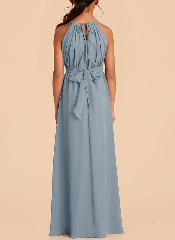 A-Line Halter Sleeveless Chiffon Junior Bridesmaid Dresses With Sash