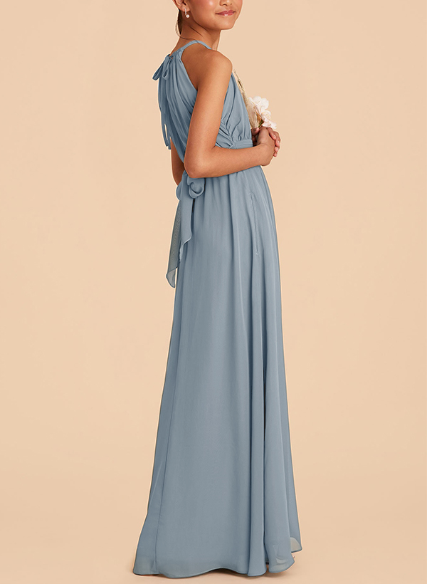 A-Line Halter Sleeveless Chiffon Junior Bridesmaid Dresses With Sash