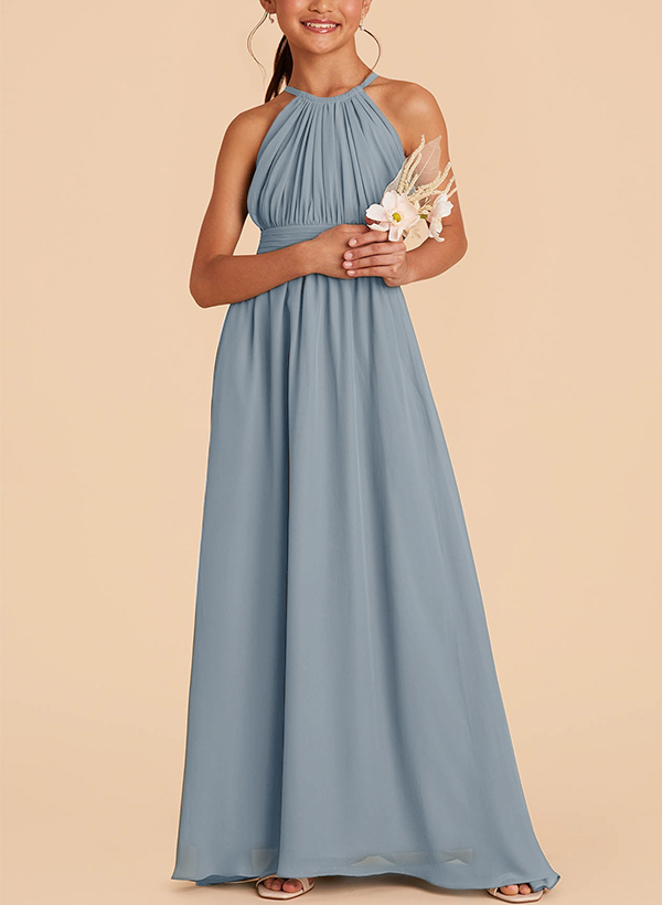 A-Line Halter Sleeveless Chiffon Junior Bridesmaid Dresses With Sash