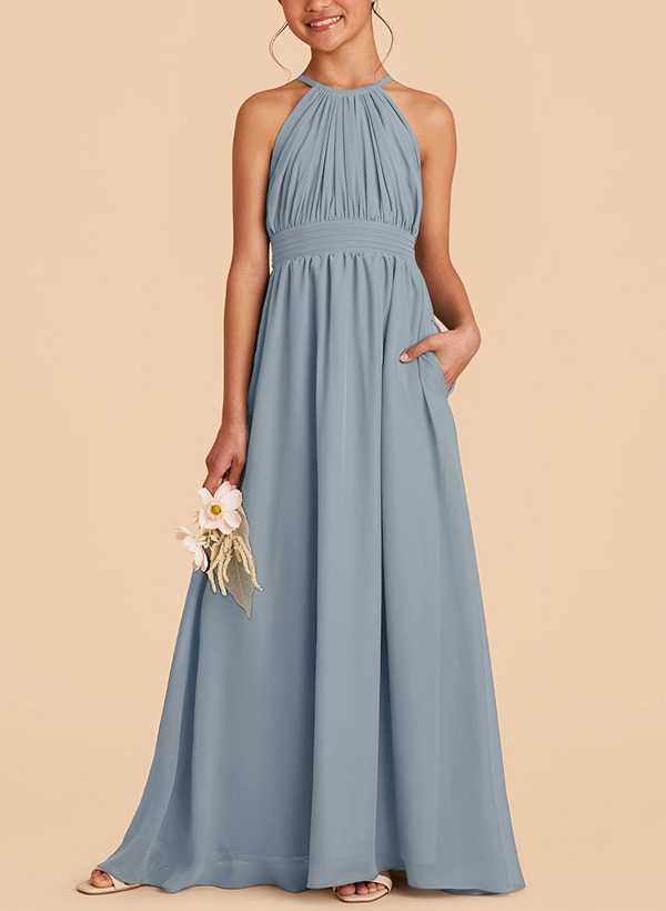 A-Line Halter Sleeveless Chiffon Junior Bridesmaid Dresses With Sash