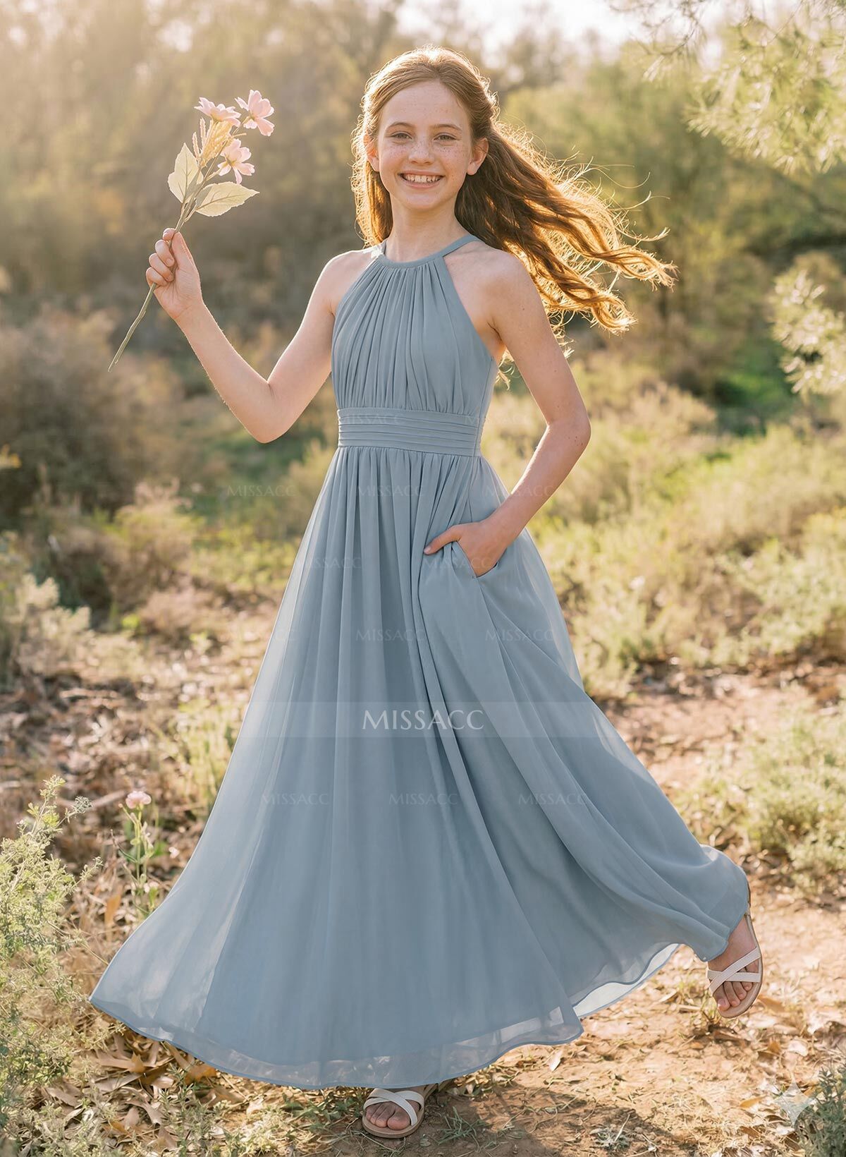 A-Line Halter Sleeveless Chiffon Junior Bridesmaid Dresses With Sash