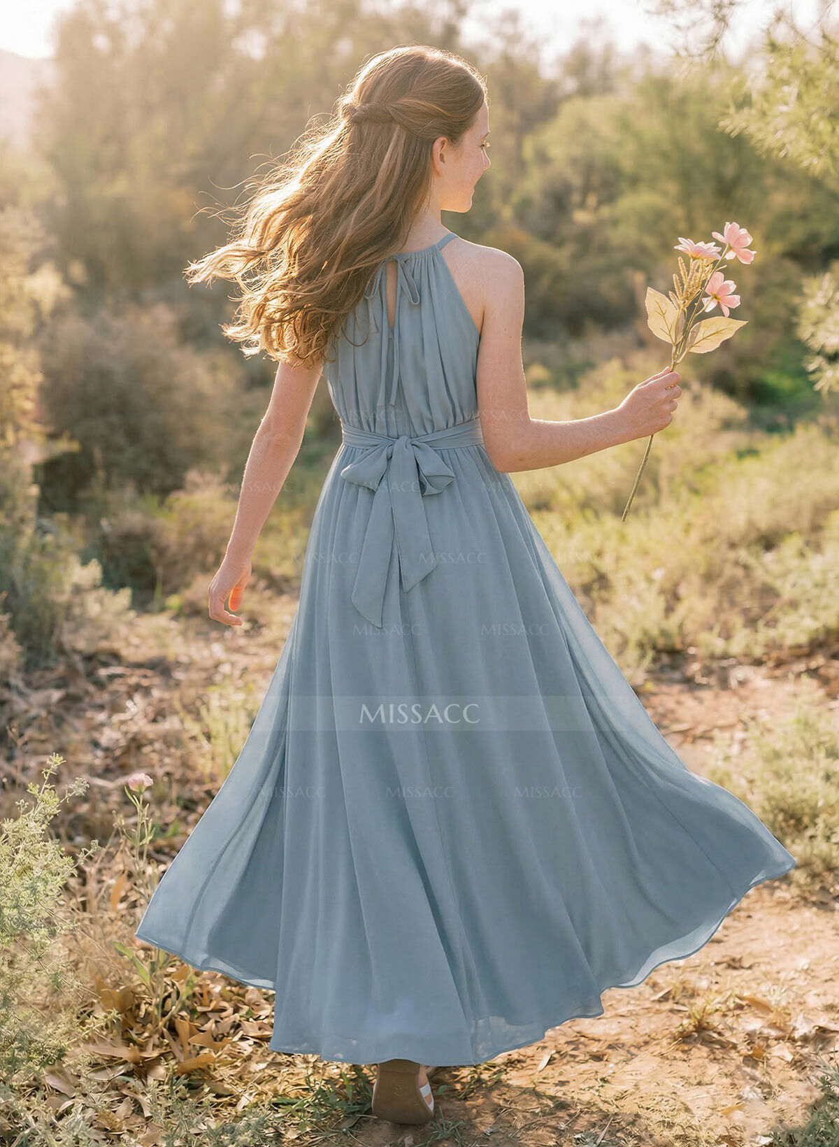 A-Line Halter Sleeveless Chiffon Junior Bridesmaid Dresses With Sash