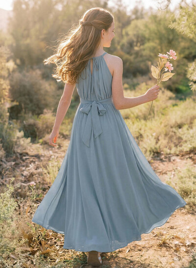 A-Line Halter Sleeveless Chiffon Junior Bridesmaid Dresses With Sash