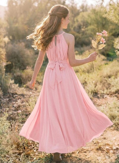 A-Line Halter Sleeveless Chiffon Junior Bridesmaid Dresses With Sash