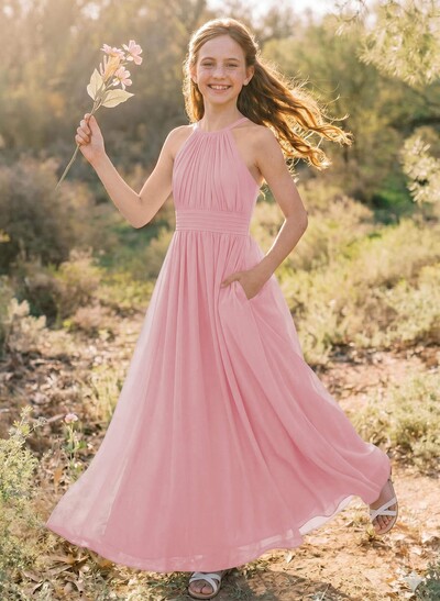 A-Line Halter Sleeveless Chiffon Junior Bridesmaid Dresses With Sash
