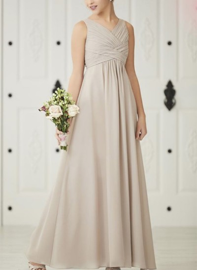 A-Line V-Neck Sleeveless Floor-Length Chiffon Junior Bridesmaid Dresses