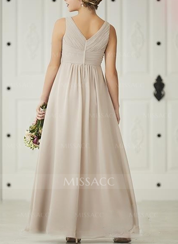 A-Line V-Neck Sleeveless Floor-Length Chiffon Junior Bridesmaid Dresses