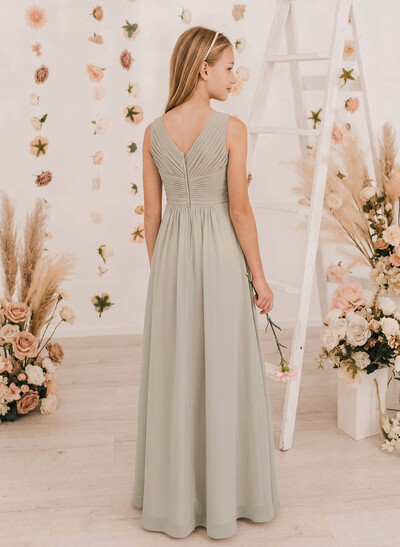 A-Line V-Neck Sleeveless Floor-Length Chiffon Junior Bridesmaid Dresses