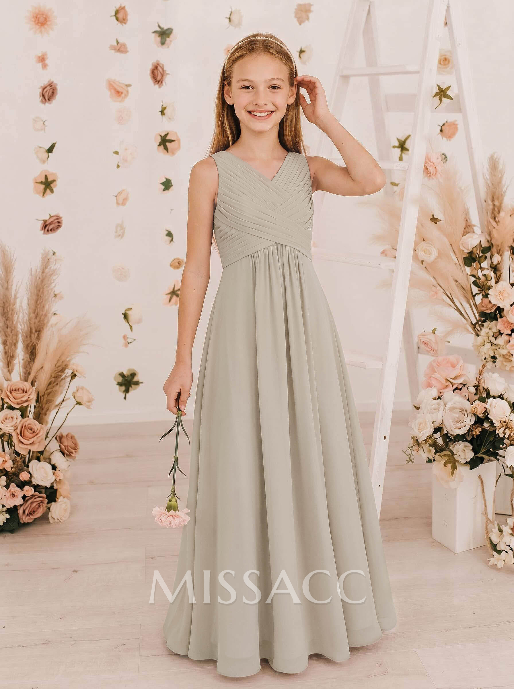 A-Line V-Neck Sleeveless Floor-Length Chiffon Junior Bridesmaid Dresses A-Line V-Neck Sleeveless Floor-Length Chiffon Junior Bridesmaid Dresses