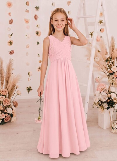A-Line V-Neck Sleeveless Floor-Length Chiffon Junior Bridesmaid Dresses