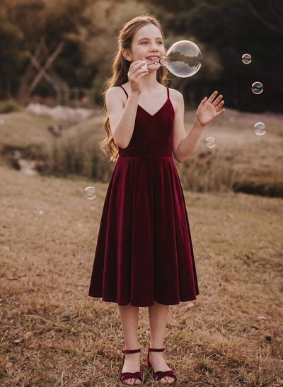 A-Line V-Neck Sleeveless Tea-Length Velvet Junior Bridesmaid Dresses