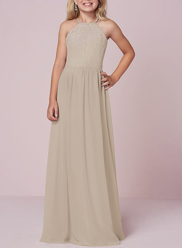 A-Line Halter Sleeveless Chiffon Junior Bridesmaid Dresses With Lace