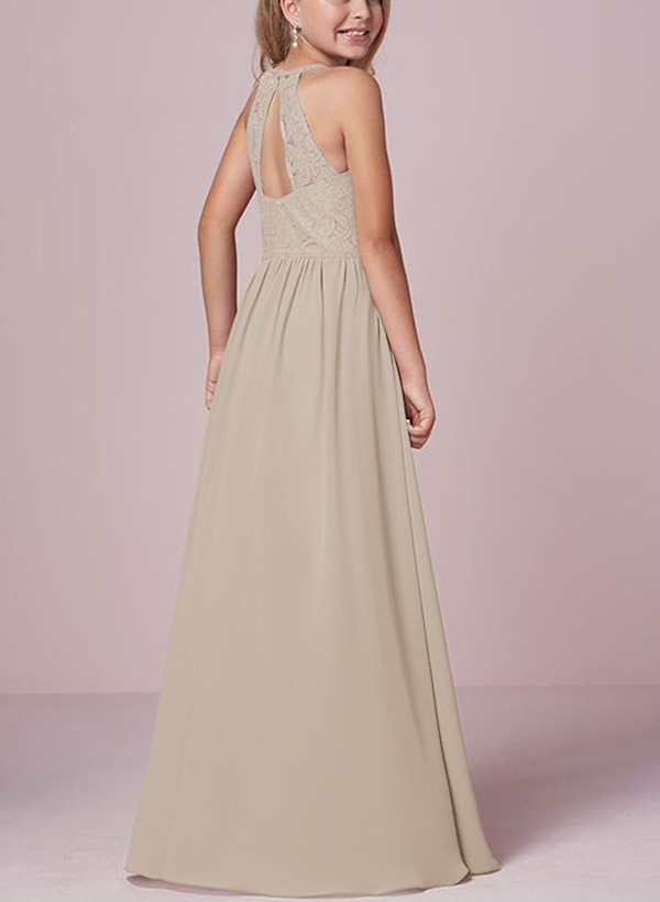 A-Line Halter Sleeveless Chiffon Junior Bridesmaid Dresses With Lace