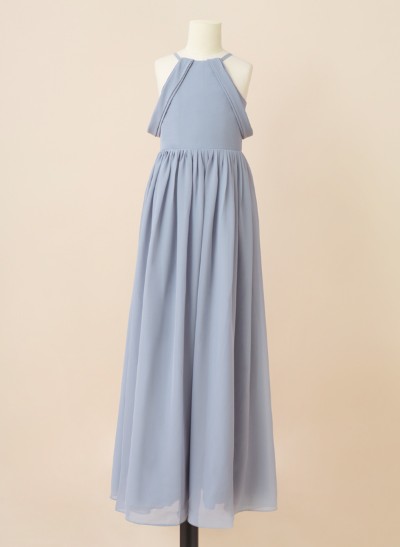 A-Line Halter Sleeveless Floor-Length Chiffon Junior Bridesmaid Dresses