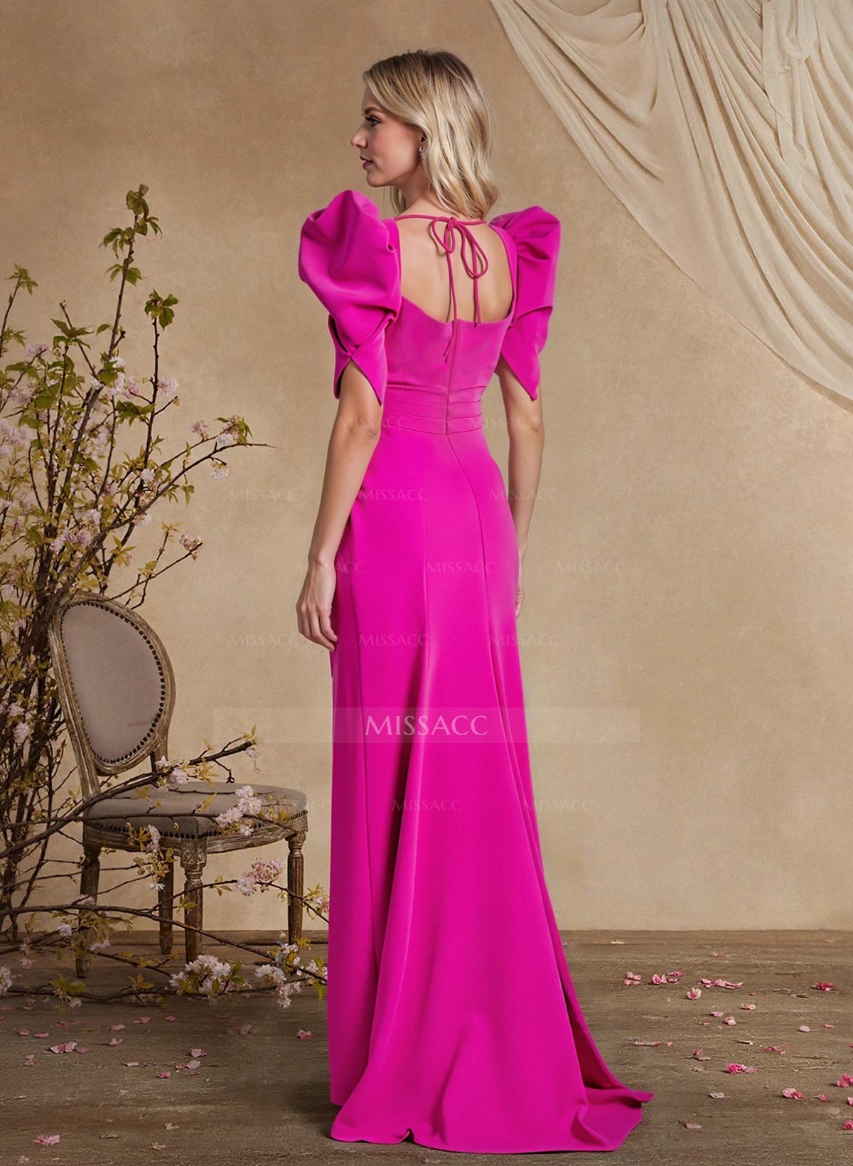 Sheath/Column Square Neckline Short Sleeves Elastic Satin Mother Of The Bride Dresses With Split Front