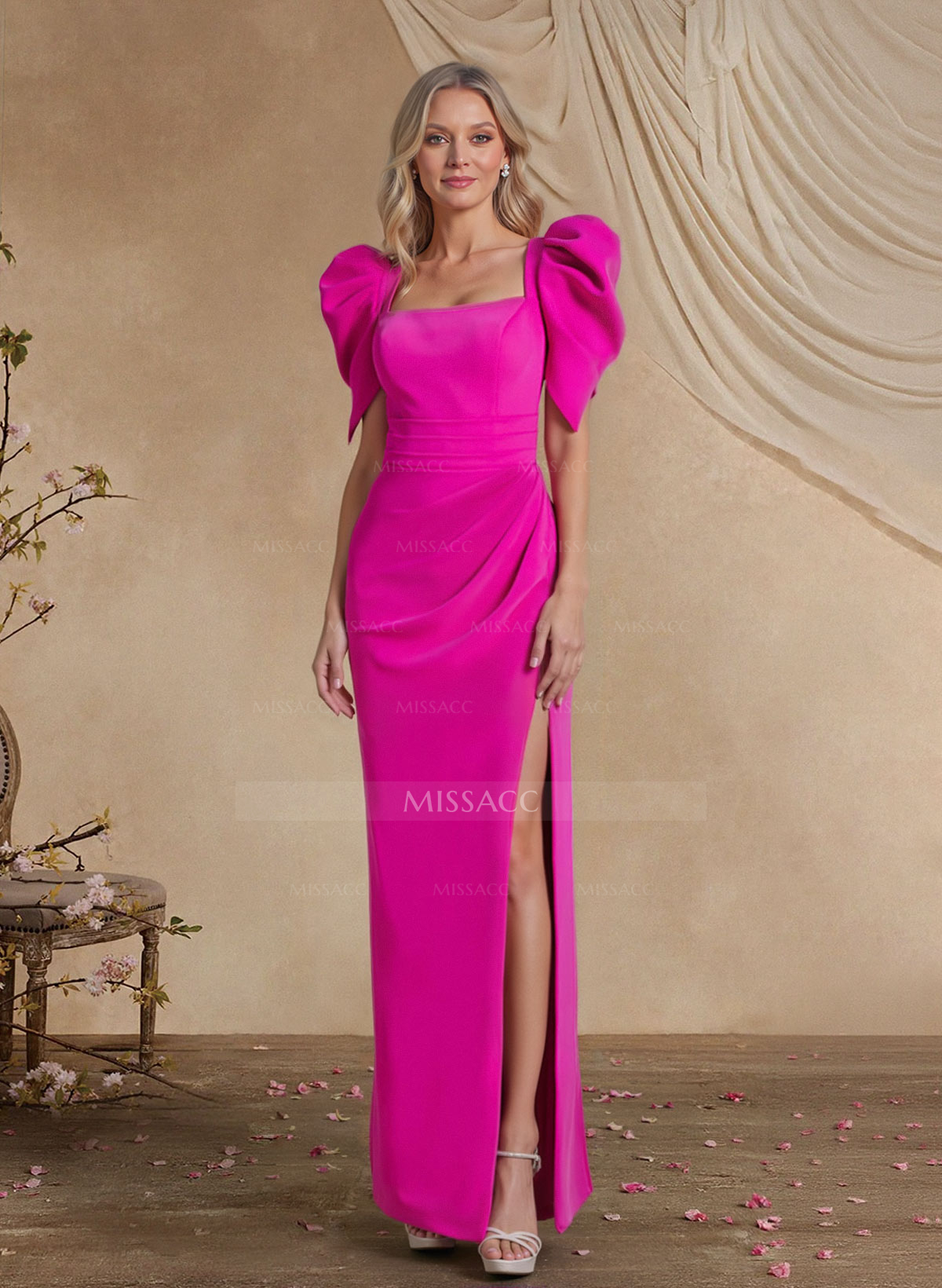 Sheath/Column Square Neckline Short Sleeves Elastic Satin Mother Of The Bride Dresses With Split Front