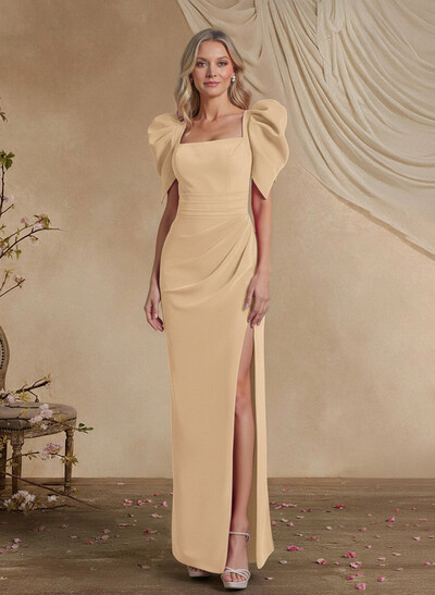 Sheath/Column Square Neckline Short Sleeves Elastic Satin Mother Of The Bride Dresses With Split Front