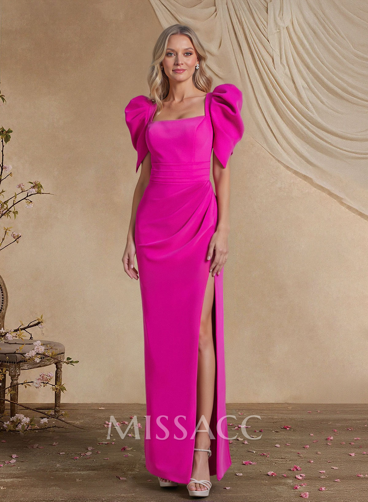 Sheath/Column Square Neckline Short Sleeves Elastic Satin Mother Of The Bride Dresses With Split Front