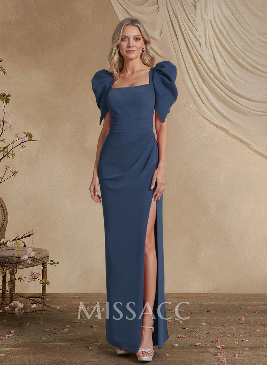 Sheath/Column Square Neckline Short Sleeves Elastic Satin Mother Of The Bride Dresses With Split Front