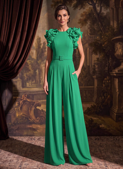 Jumpsuit/Pantsuit Scoop Neck Stretch Chiffon Mother Of The Bride Dresses With Cascading Ruffles