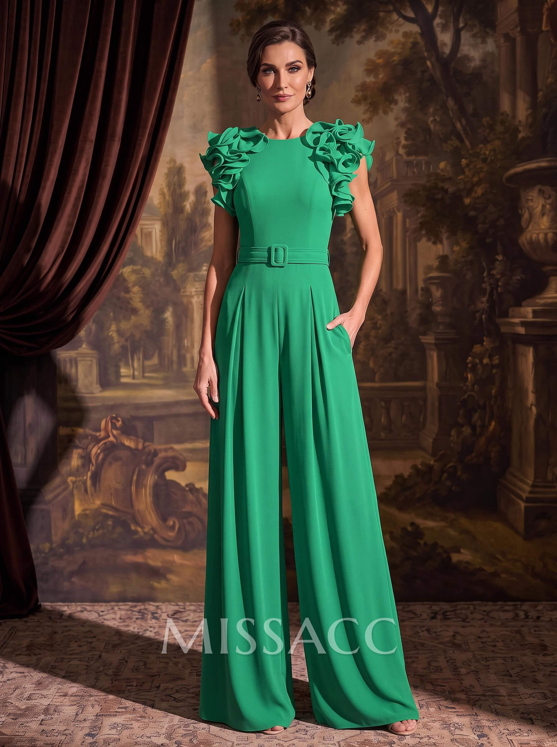 Jumpsuit/Pantsuit Scoop Neck Stretch Chiffon Mother Of The Bride Dresses With Cascading Ruffles