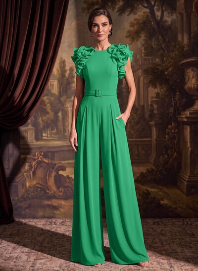 Jumpsuit/Pantsuit Scoop Neck Stretch Chiffon Mother Of The Bride Dresses With Cascading Ruffles