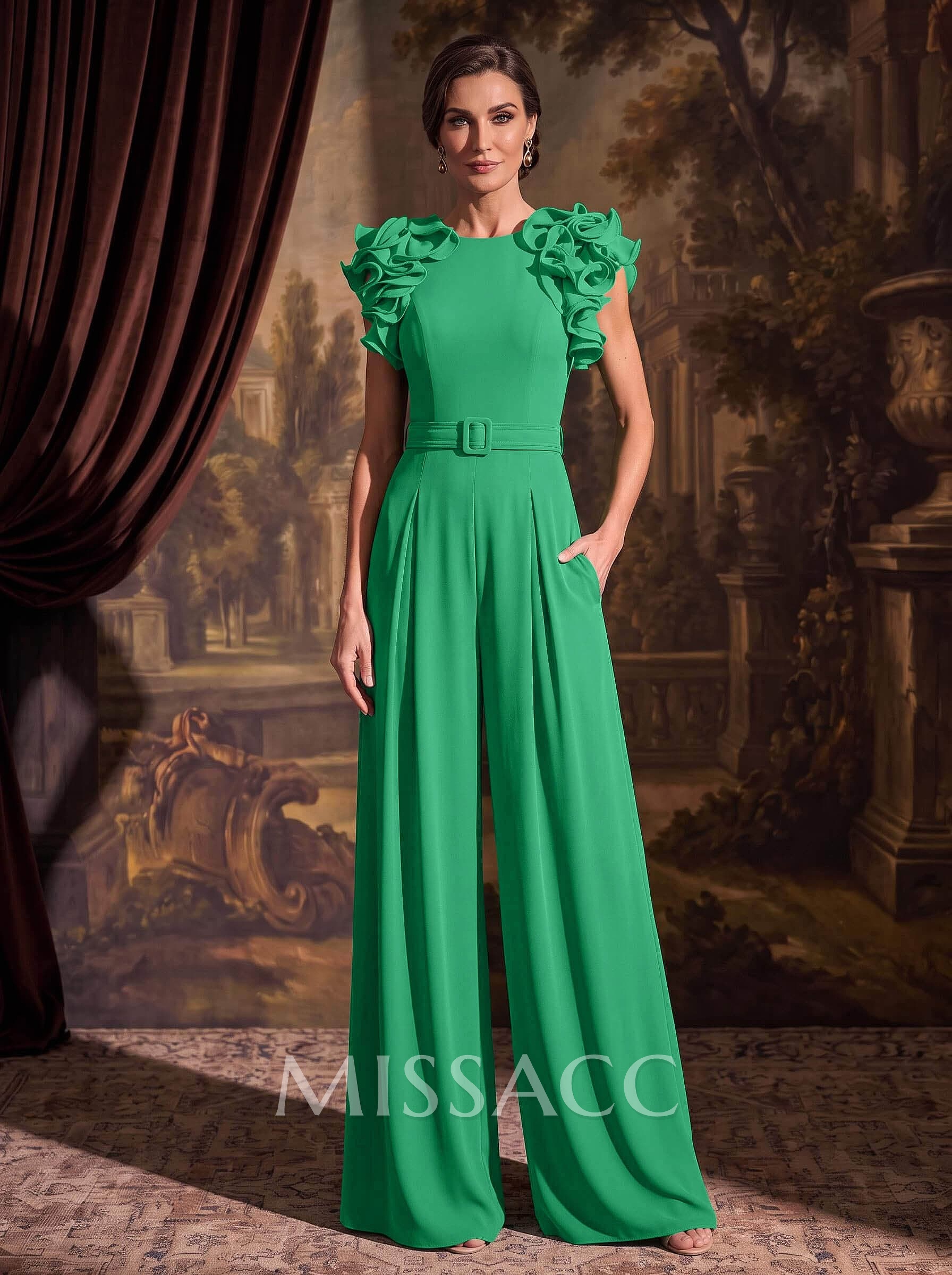 Jumpsuit/Pantsuit Scoop Neck Stretch Chiffon Mother Of The Bride Dresses With Cascading Ruffles