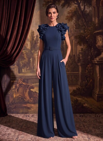 Jumpsuit/Pantsuit Scoop Neck Stretch Chiffon Mother Of The Bride Dresses With Cascading Ruffles
